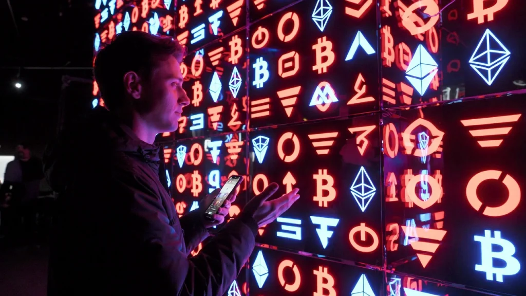 Man seeks to understand crypto by looking at wall of glowing cryptocurrency icons