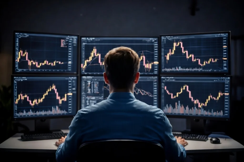 Trader from behind sitting at a multi-monitor desk managing crypto market volatility with multiple volatile candlestick charts displayed.