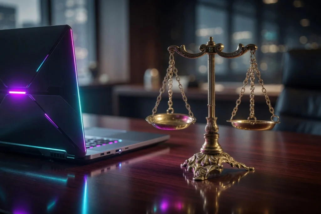 Risk Management for Crypto Traders: Golden scales of justice balancing next to a glowing neon laptop on a modern trading desk. 