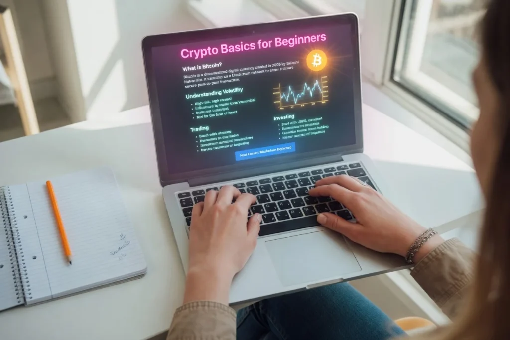 How to Start Crypto Trading: Person learning Crypto Basics for Beginners on a laptop with Bitcoin, volatility, trading and investing concepts.