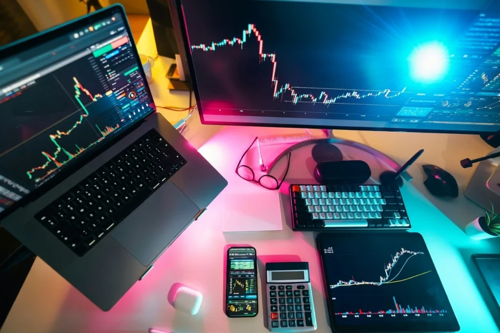 How Simulated Crypto Trading Works: A modern trading desk with multiple monitors, laptop, and real-time candlestick charts visualizing cryptocurrency market data.
