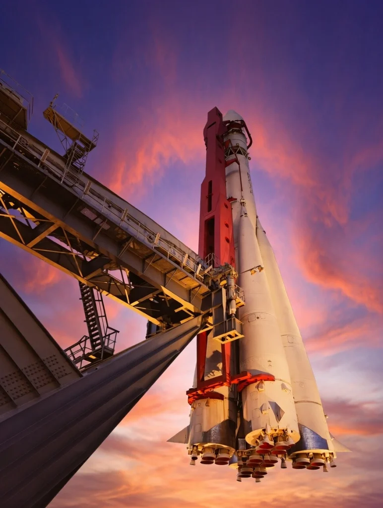Powerful rocket on launchpad against a dramatic golden hour sunset sky, symbolizing Bitcoin price today and its potential growth in the coming years.